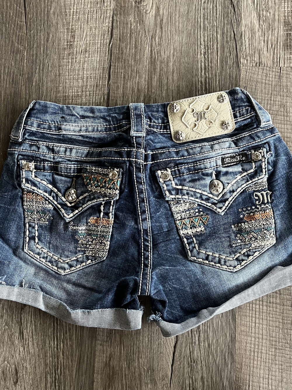 Y2k Lowrise Miss Me Embellished Denim Jean Shorts Blue & White Waist 26